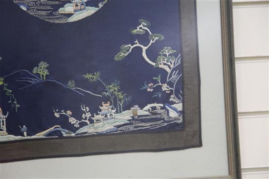 A Chinese embroidered silk panel, late Qing dynasty, 52 x 82cm, framed and glazed